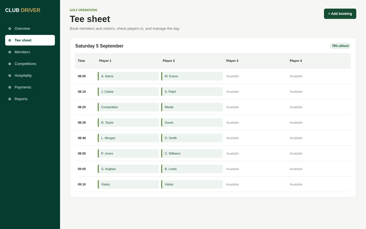 Enhanced tee sheet with live player bookings and available starts
