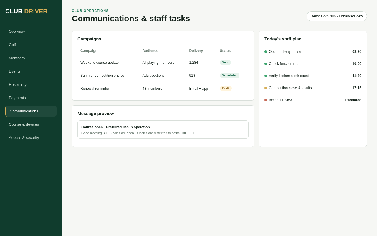 Club Driver communications and staff task view with targeted campaigns