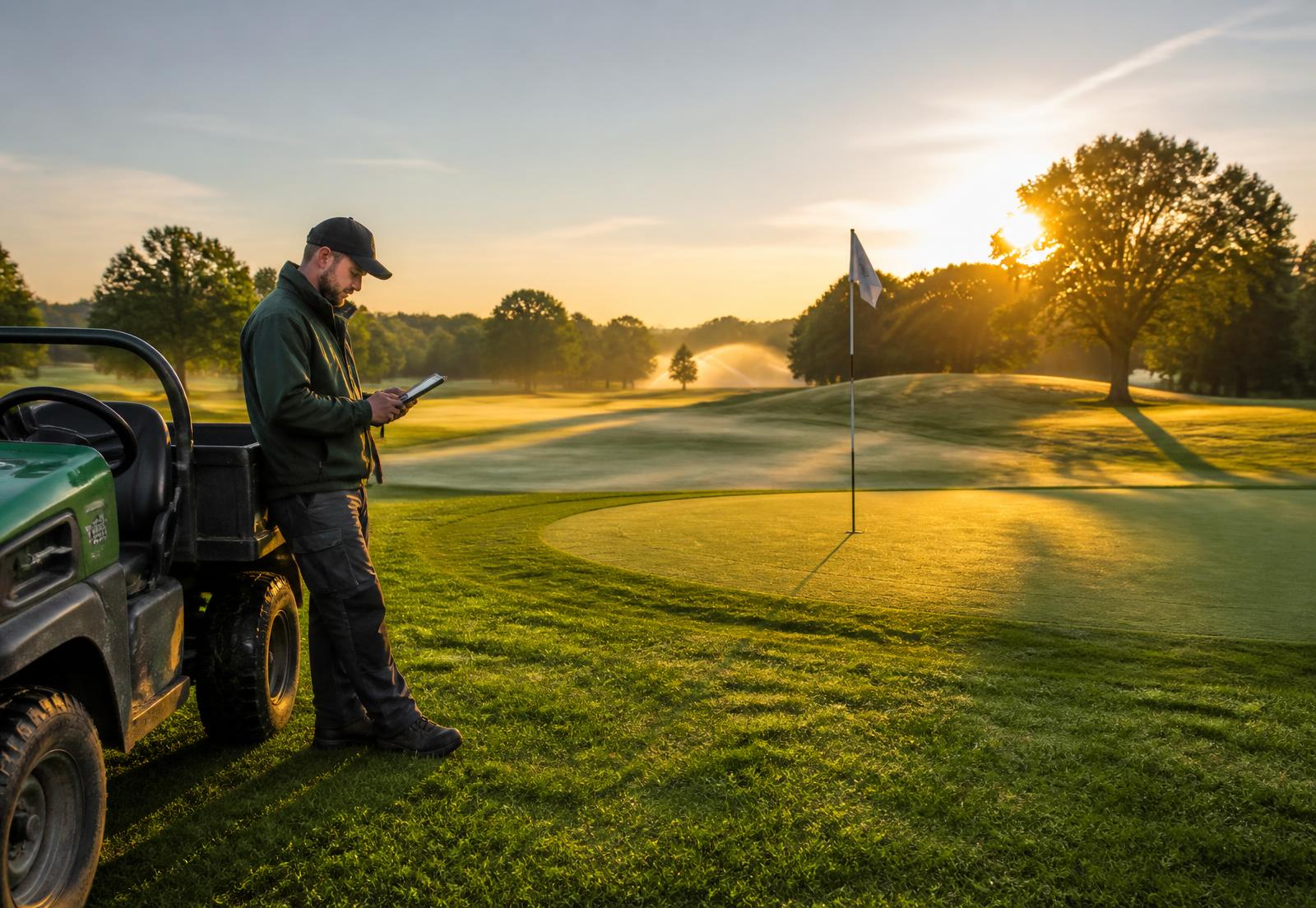Greenkeeping team working on a golf course at first light